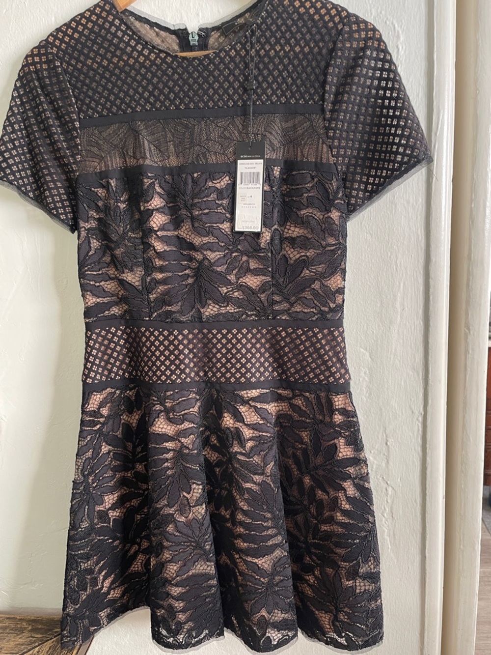 BCBG MAXAZRIA Black Lace Mini Dress with Nude Underlay